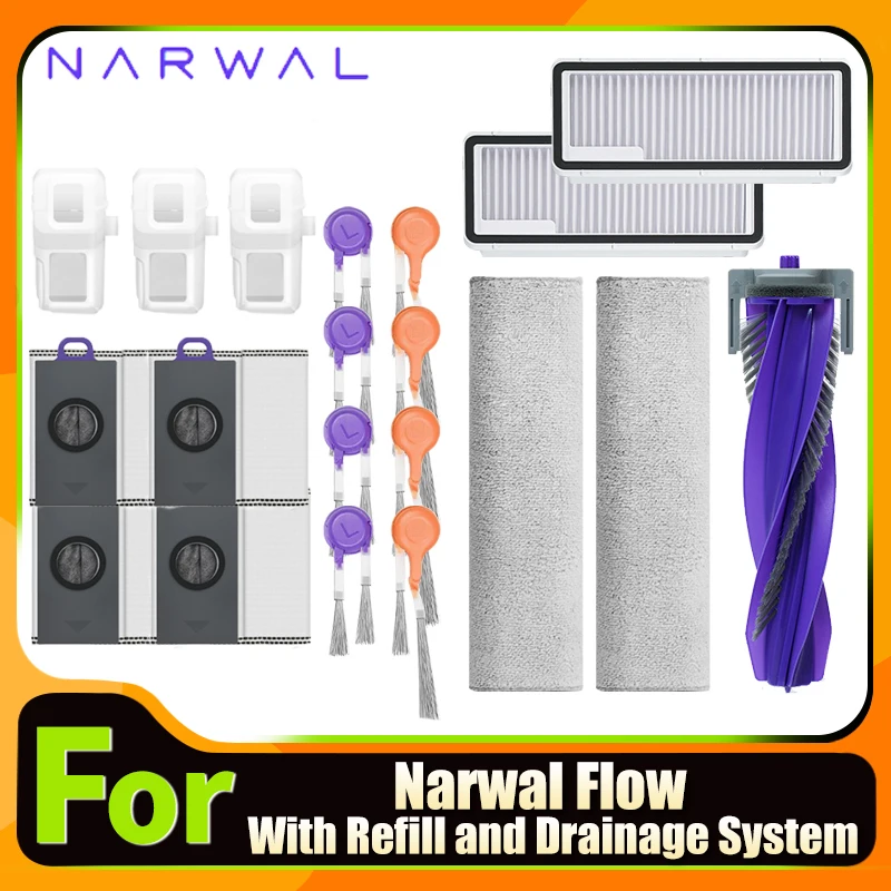 Accessories for Narwal Flow With Refill and Drainage System Main Side Brushes Mop Cloths HEPA Filters Dust Bag Spare Parts