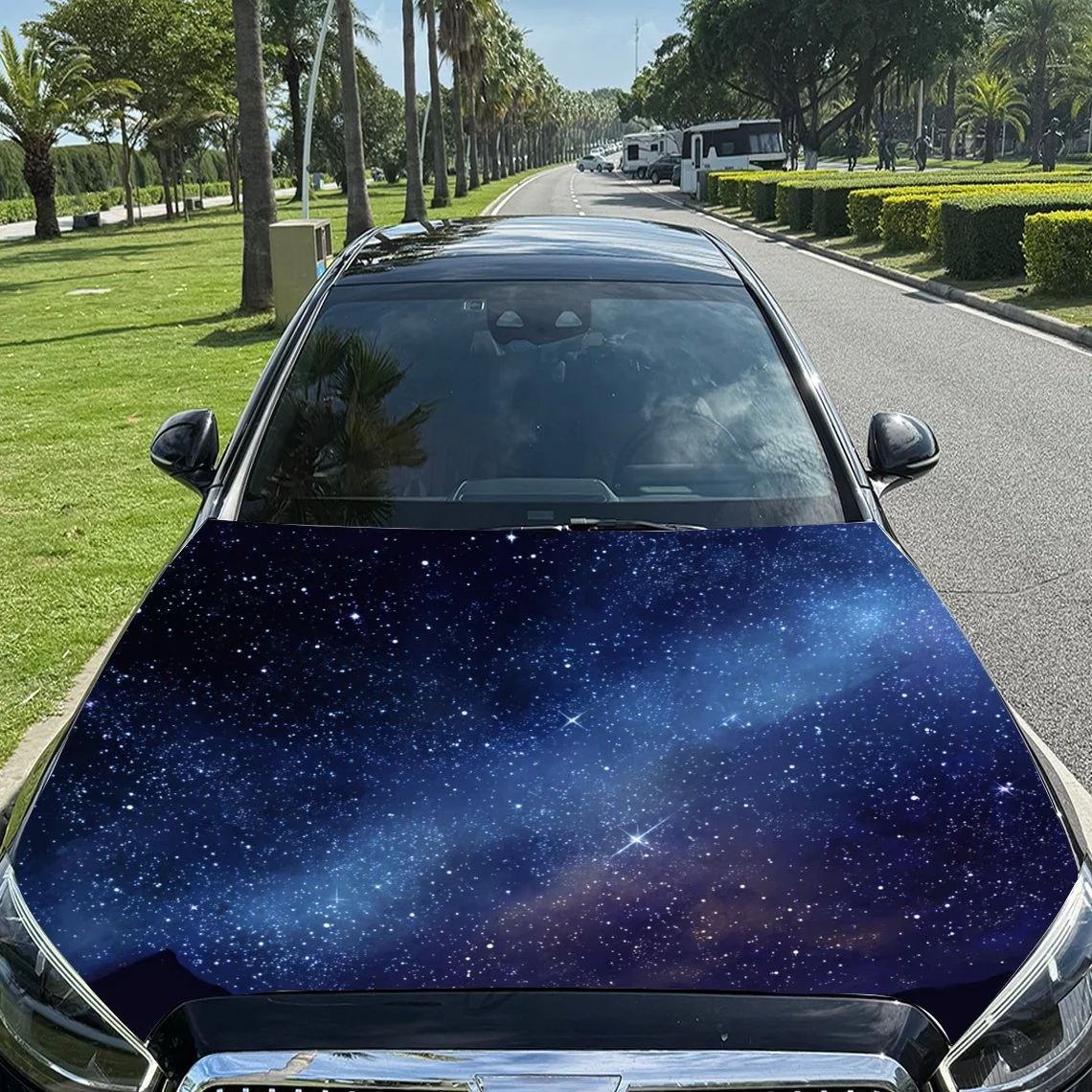 Starry night sky design car hood wrap, featuring a mesmerizing galaxy with twinkling stars and cosmic clouds. Perfect for space