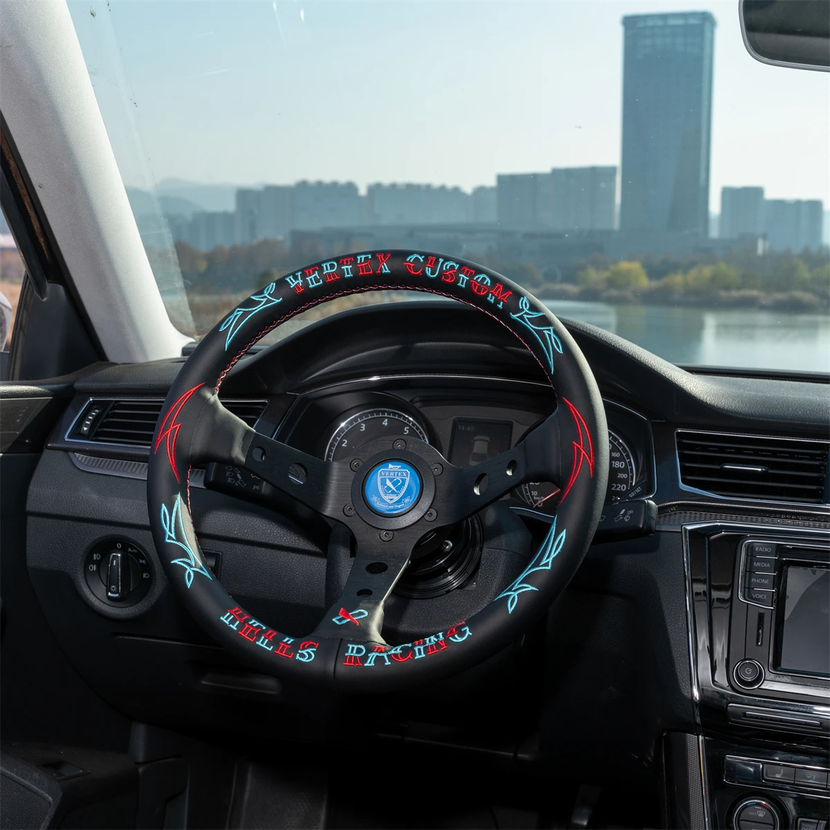 VERTEX JDM 330MM Racing Steering Wheel Blue Leather Star Design 90mm Deep Concave Sport Steering Wheel with Blue Embroidery