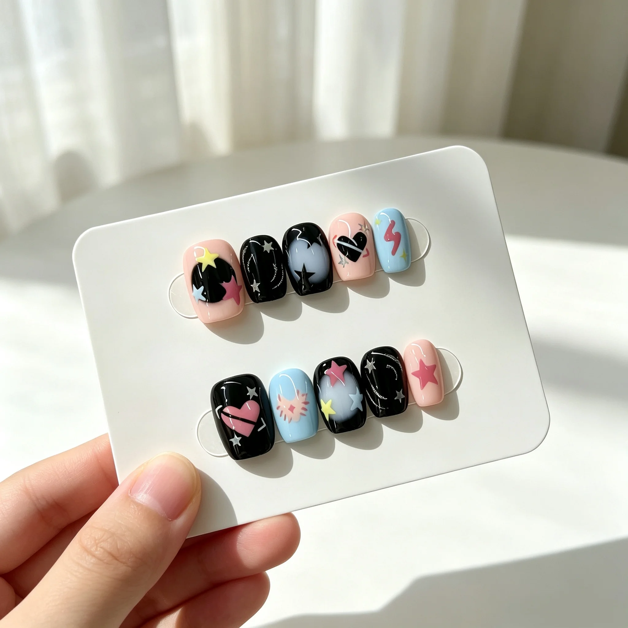 10pcs Y2K Star Heart Handmade Press on Nails Lightning Graffiti Design Black Pink Blue Mix Fake Nail Short Square Fasle Nail