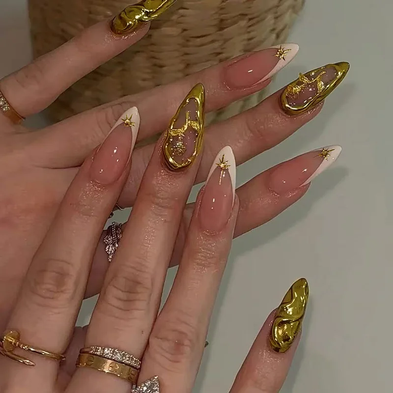 24PCS Almond False Nails with 3D Irregular Golden Ripples French Nail Tip Ins Star Designs Fake Nail Wearable Manicure for Women