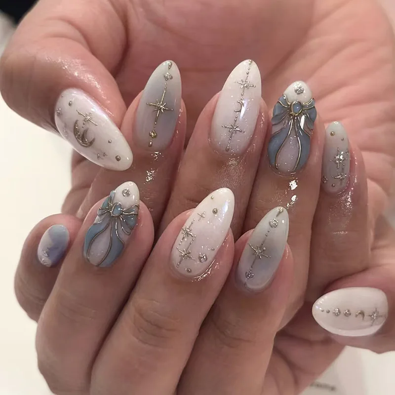 30pcs Star Moon Press On Nails Blue White Bow Rhinestone Starry Sky Design False Nail Short Almond Fake Nail for Women&Girl