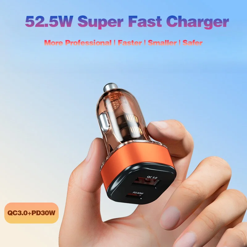 Mechanical-Style Transparent Design 52.5W 2 Port Car Cigarette Lighter Charger with PD30W QC3.0 Super Fast Charging USB