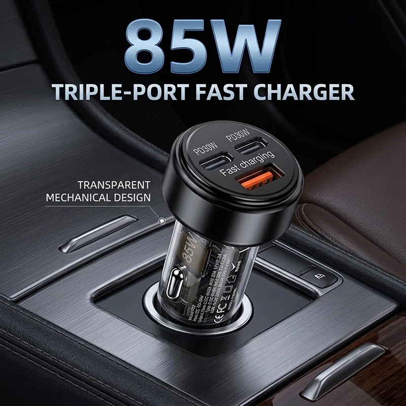 85W Car Charger 3 Ports Transparent Mechanical PD30W Dual Type-C USB Fast Charging Adapter Cigarette Lighter For Devices