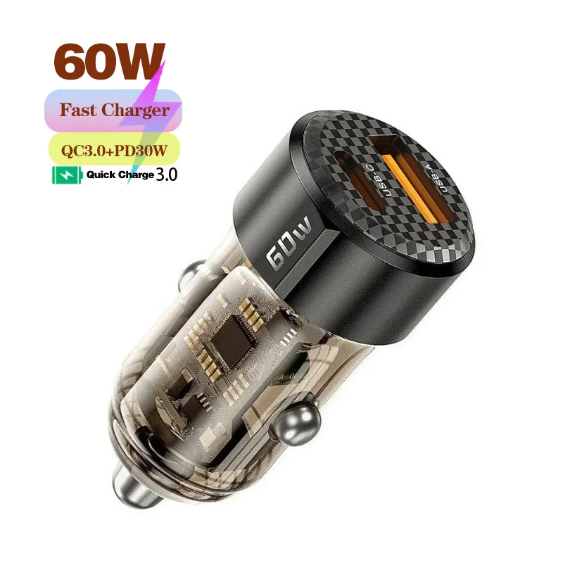 Mechanical-Style Transparent Design MAX 60W 2 Port Car Cigarette Lighter Charger with PD30W QC3.0 Super Fast Charging for phones