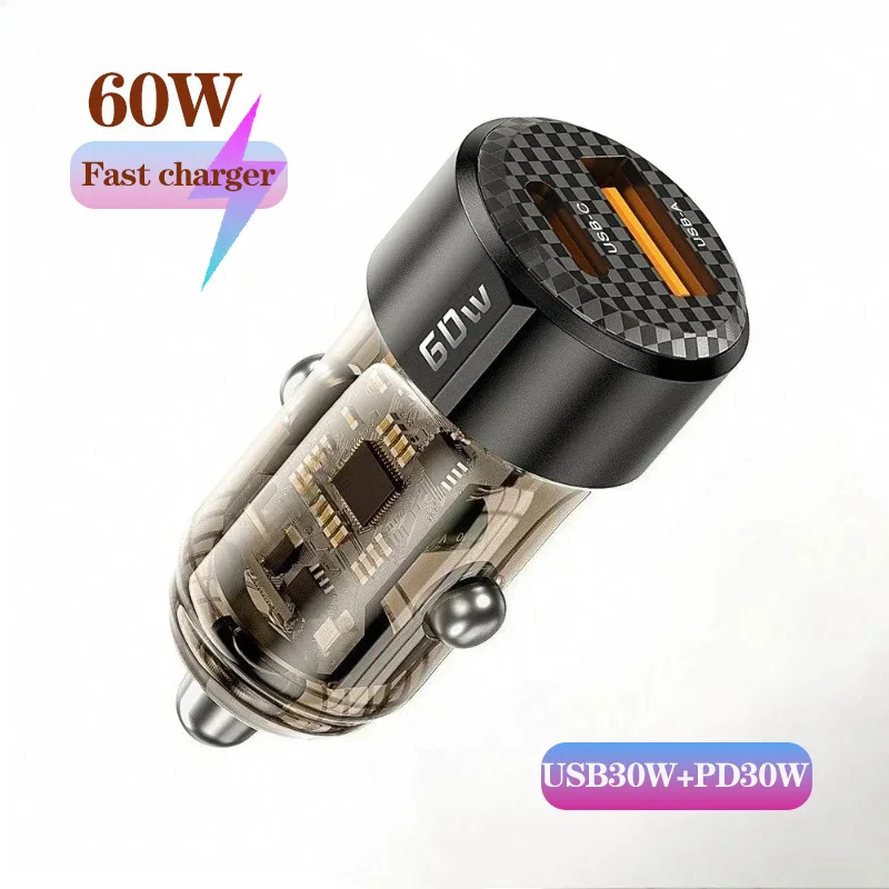 Mechanical-Style Transparent Design MAX 60W 2 Port Car Cigarette Lighter Charger with PD30W QC3.0 Super Fast Charging USB