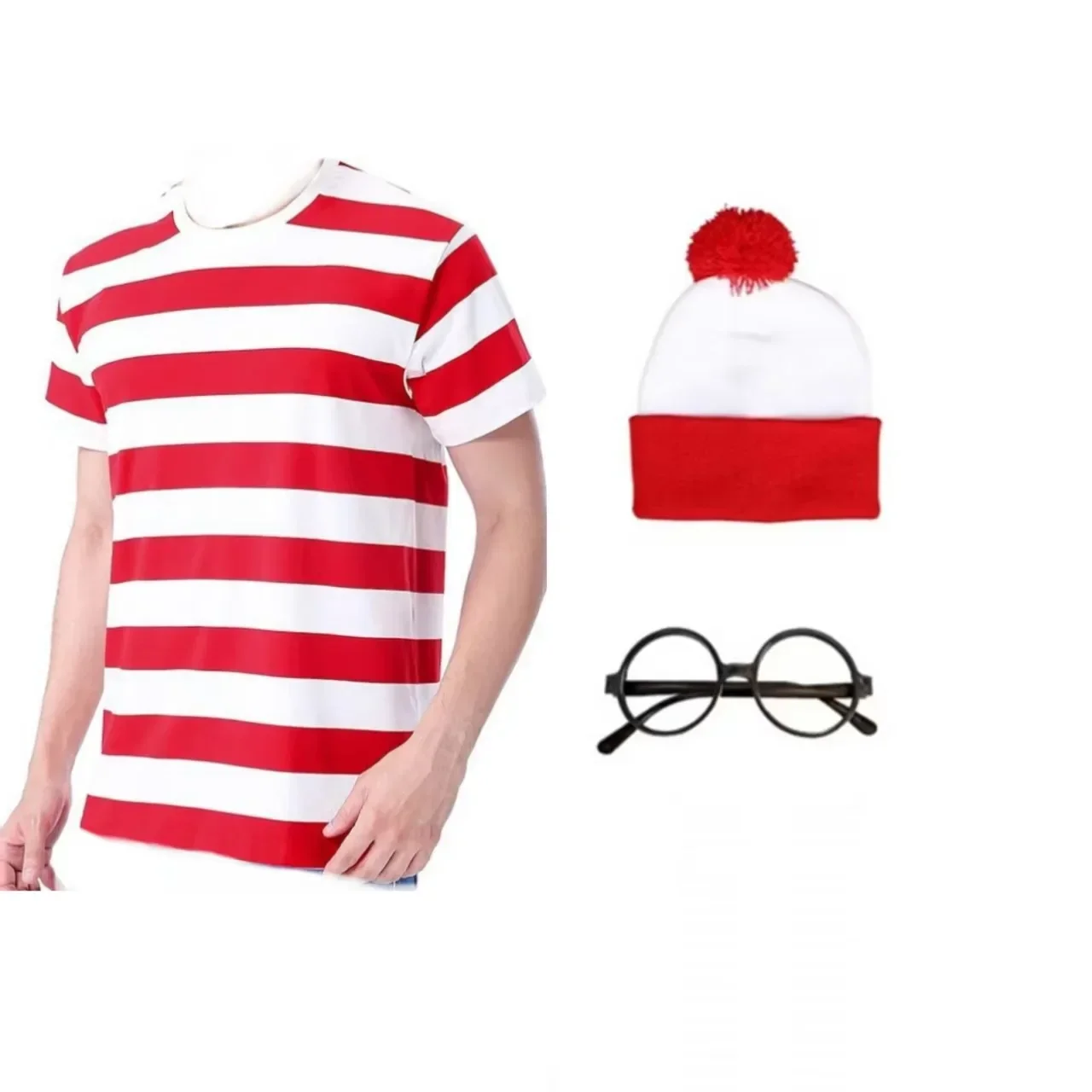New Cartoon Wheres Waldo Cosplay Costumes Wally Short Sleeved T-shirt Hat Glasses Sets Socks Halloween Christmas Cos Stage Prop