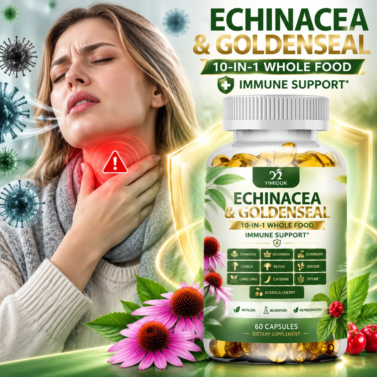 Seasonal Protection Capsules, with Echinacea Goldenseal Elderberry, Support Strengthen Immune, Headache Sore Throat & Fatigue