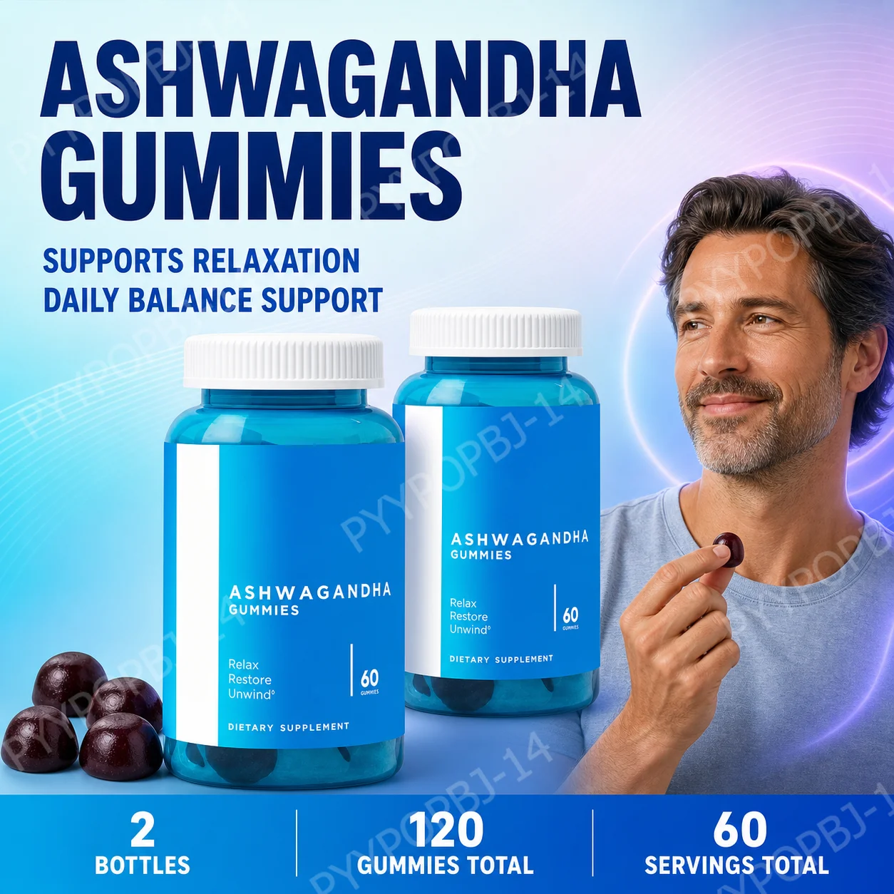 3-Pack Gummies Set: Ashwagandha for Stress Relief, Gut Health Probiotics + ACV Detox  Vegan Gluten-Free Supplement 60 Ct Each