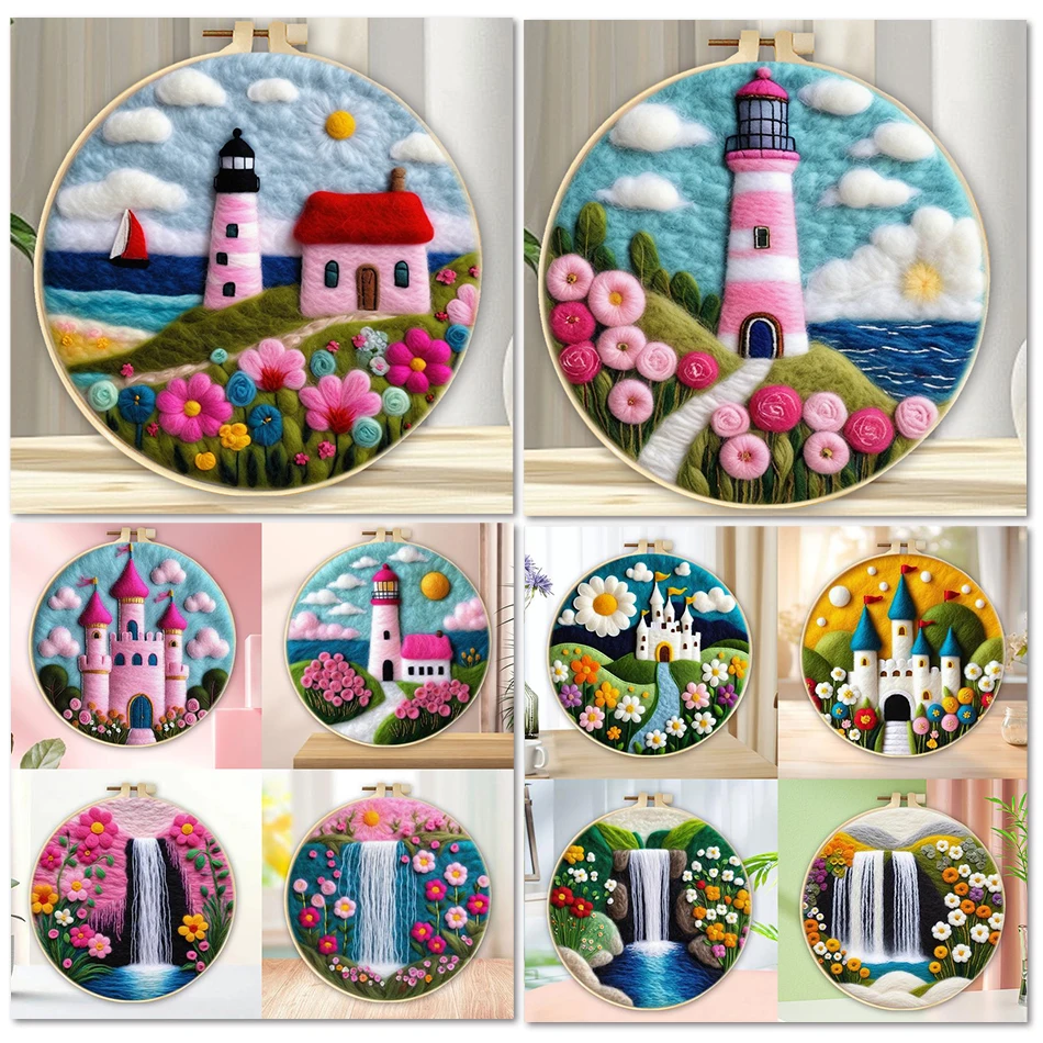 GATYZTORY Diy Needle Felt Starter Set Wool Painting Pink Landscape handmade Set Wool Felting Needles Foam Pad Felt Cloth