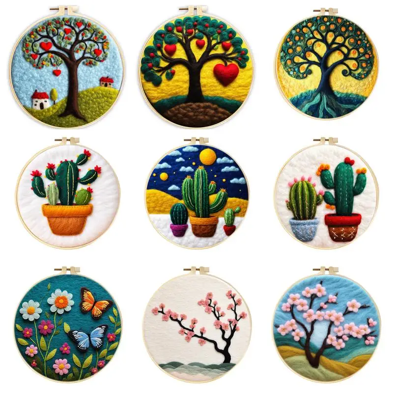 CHENISTORY Needle Felting Kit Felt Painting Abstract Tree with Wool Bag Needle Foam Pad Frame Cloth DIY Wool Needle Felt Starter
