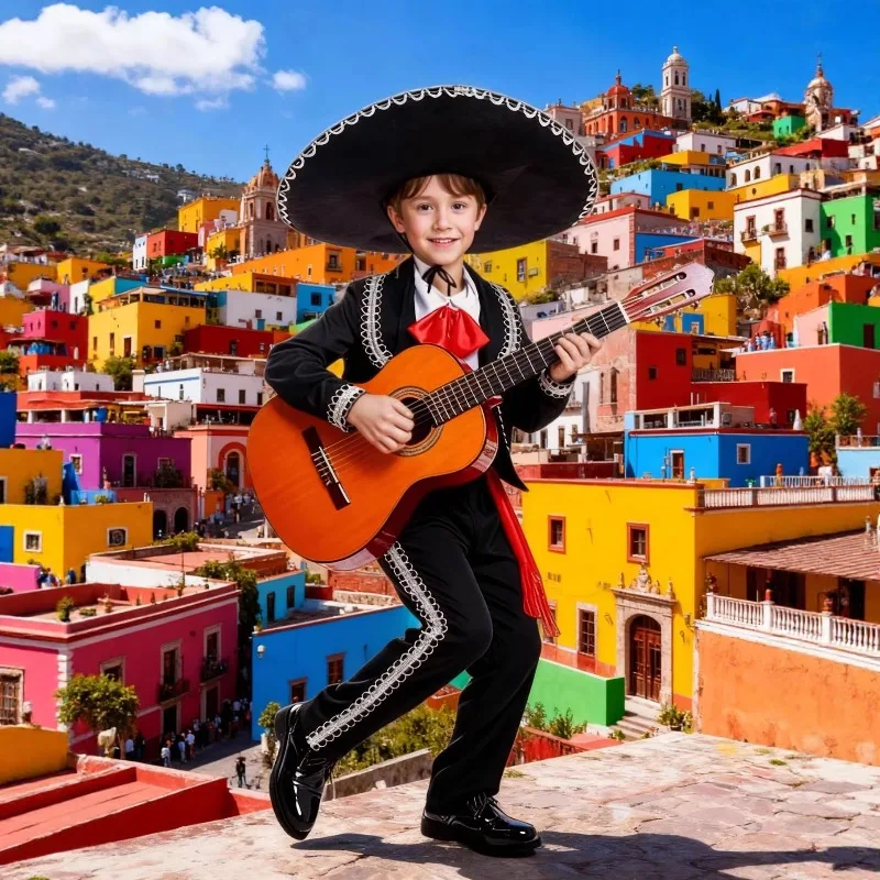 Mexican Folk Style Costume White Shirt Coat Pants Hat Full Set for Men School Stage Performance Outfits Theme Party