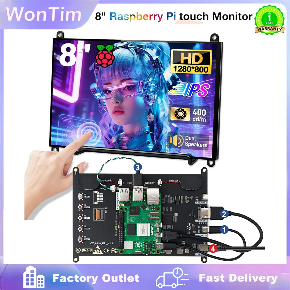 Raspberry Pi 5 8.0 inch IPS Touchscreen LCD Display Module 1280X800 HDMI-compatible Mini PC Portable Monitor for RPI 3B+ 4B ZERO