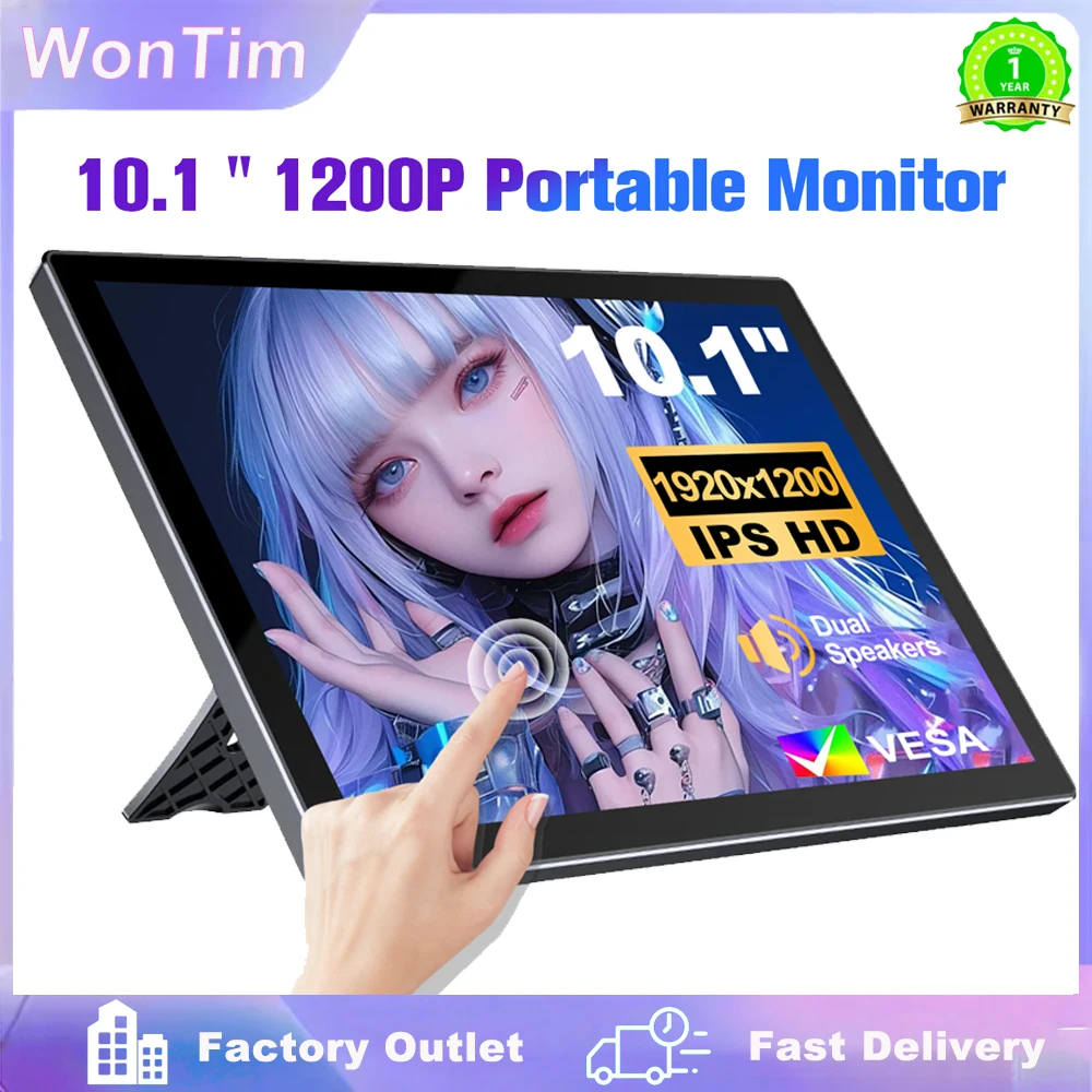 10.1 inch Touch Portable Monitor 1920x1200 Screen IPS LCD 5-point Touchscreen Dual Speaker Type-C HDMI USB-C for PC Car Computer