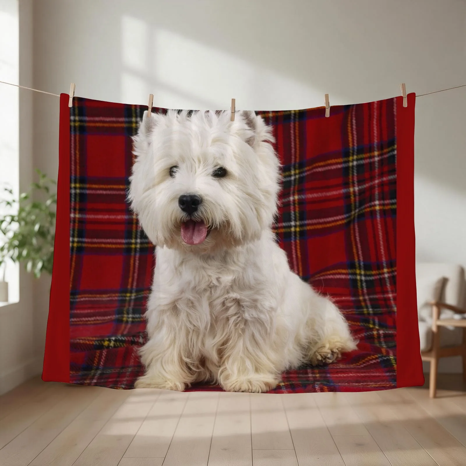 West Highland White Terrier on a Scotch Plaid Throw Blanket couch cozy soft plush fuzzy picnic outdoor blanket