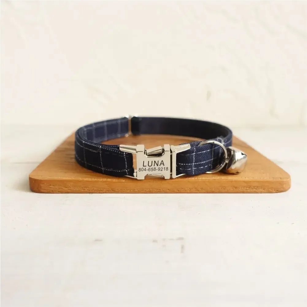 Personalized Cat Collar, Customized ID Name Contacts Metal Buckle, Adjustable Blue Suit Plaid Cat Collars with Bell