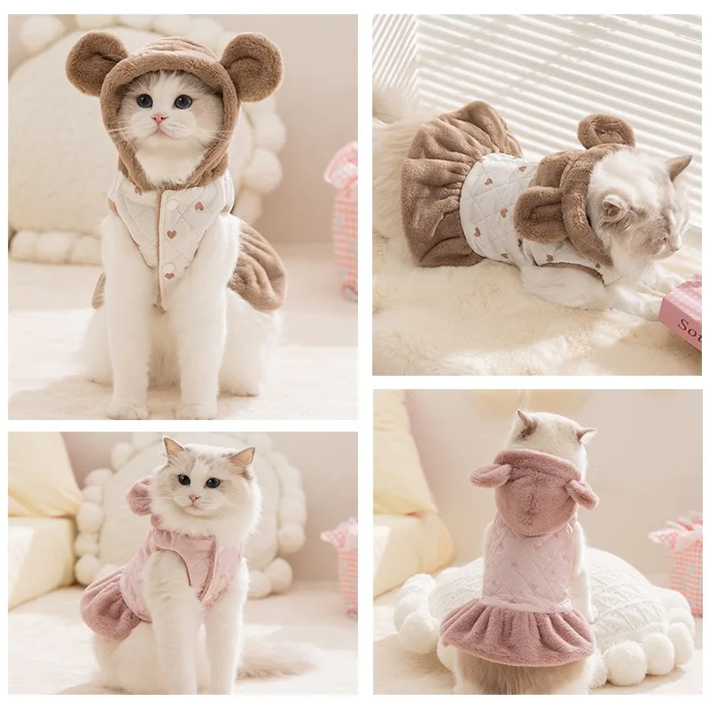 Sweet Heart Print Pet Dress Winter Teddy Cotton Dress Warm Dog Hoodie Plush Thickened Dog Clothes Pet Supplies