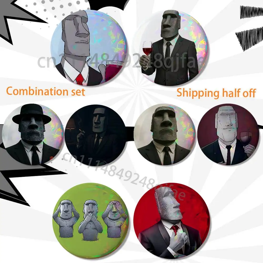 Art Mr Moai Fino Senores HD Print Round Lapel Pins Pretty Derby 2 piece set Round Display Brooches Brooch Badges