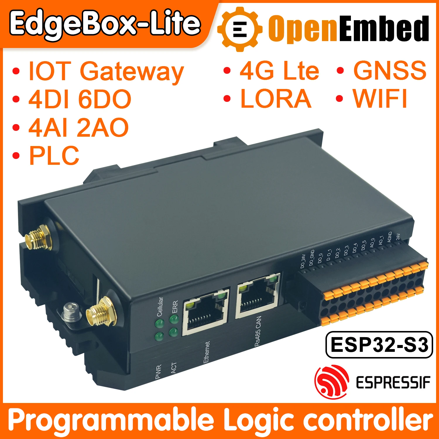 EdgeBox ESP32 PLC Programmable Controller Industrial IoT Gateway PAC RS485 6DO 4DI 4AI CAN Modbus Ethernet WiFi/BLE5.0