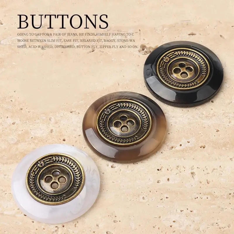 10pcs Vintage British Style 4-Hole Resin Metal Round Buttons for Coat Suit Jacket, 16/21/25mm, Brown/White/Black Sewing Supplies