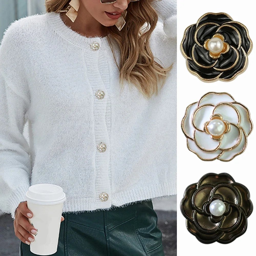 10 Pieces/set Elegant Retro Camellia Shaped Pearl Metal Buttons, Suit Jacket Coat Jumper Decorative Buttons Sewing Accessories