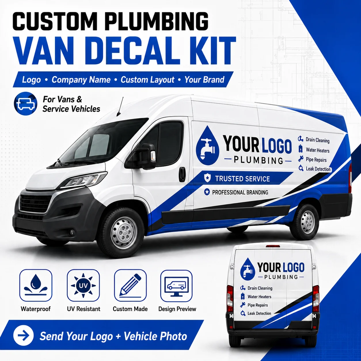 Custom Plumbing Vehicle Decal Kit Company Logo Phone Website Vinyl Stickers for Plumber Truck Service Vehicle Branding