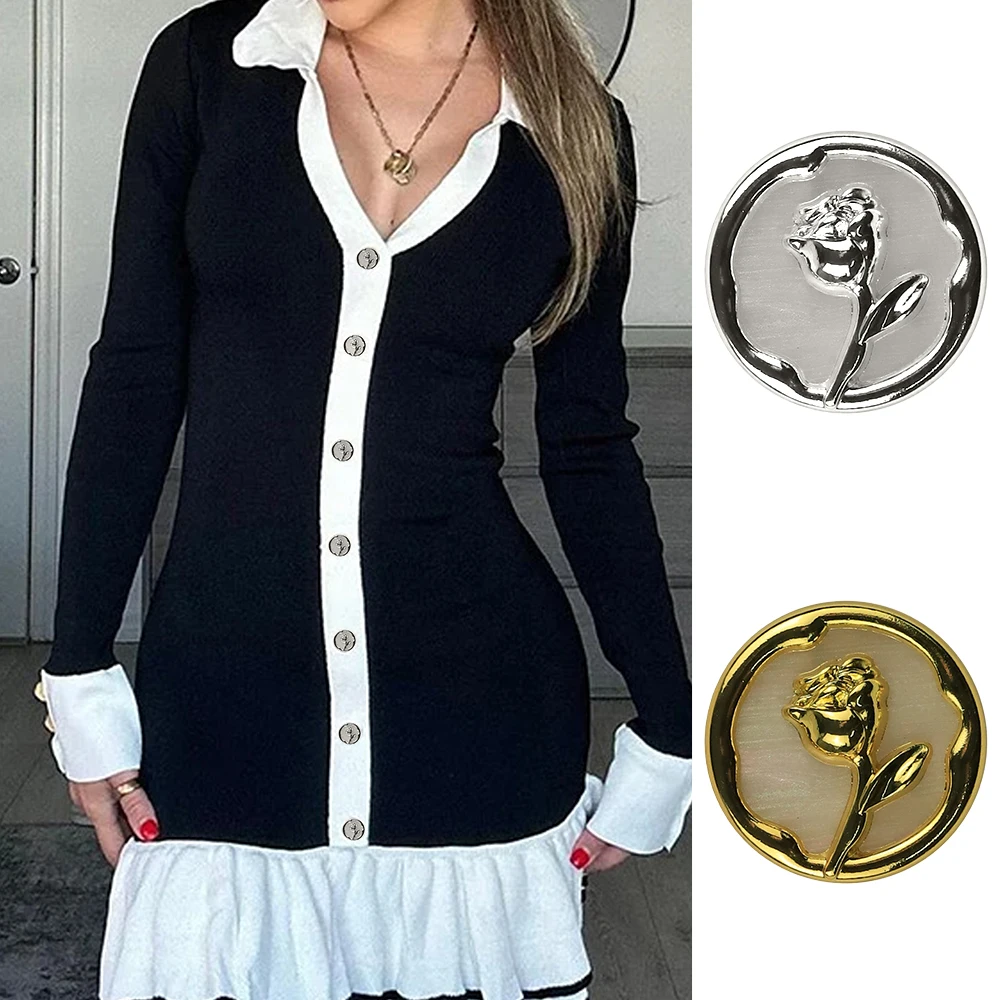 Set of 5 Elegant Rose Round Metal Buttons for Decorating Wool Jackets, Knitted Jumpers, Blazers and Coats, Sewing Accessories