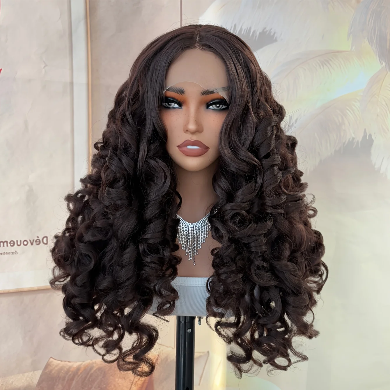 22-inch 13x4x1 Synthetic Center Part Heat-Sensitive Hair Weft with Elastic Curls, Suitable for Women, Brown for Daily Use