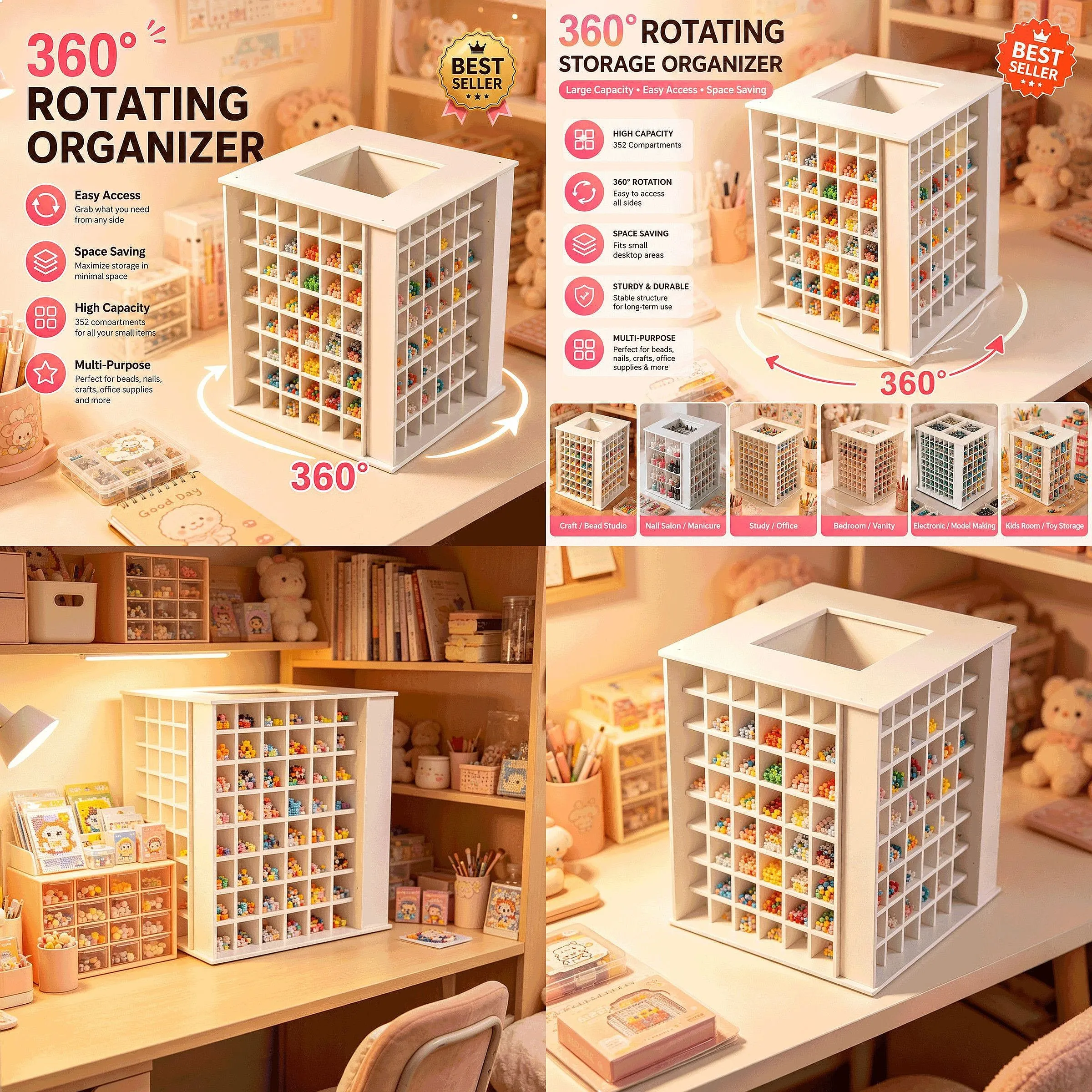 Large Capacity Rotating Desktop Fuse Beads Storage Rack with Multi-Compartment Sorting Box