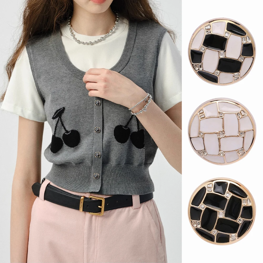 10pcs Vintage Grid Rhinestone Plastic Buttons for Coats/Dresses/Jackets, 18/25mm, Black White, Decorative Sewing Round Buttons