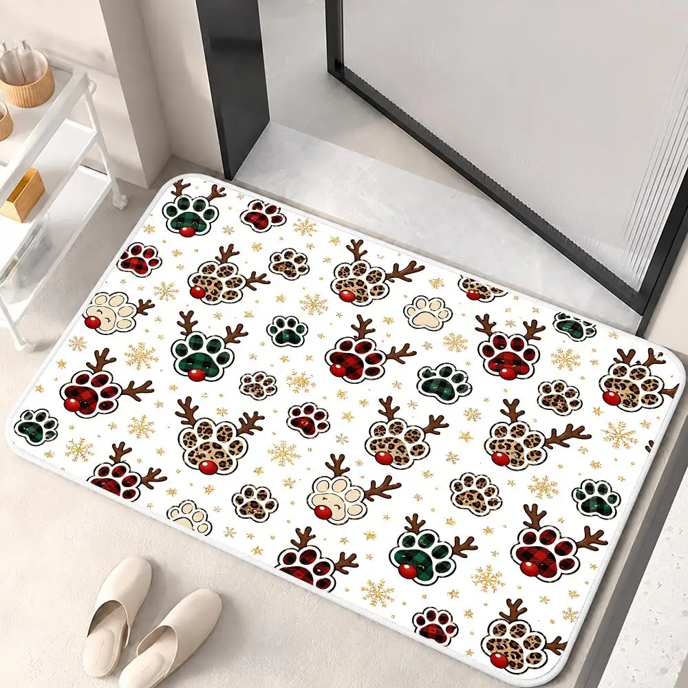 Leopard Plaid Christmas Puppy Paw Floor Mat Flannel Rug Soft Non Slip Washable Door Mat for Bathroom Bedroom Kitchen Home Decor