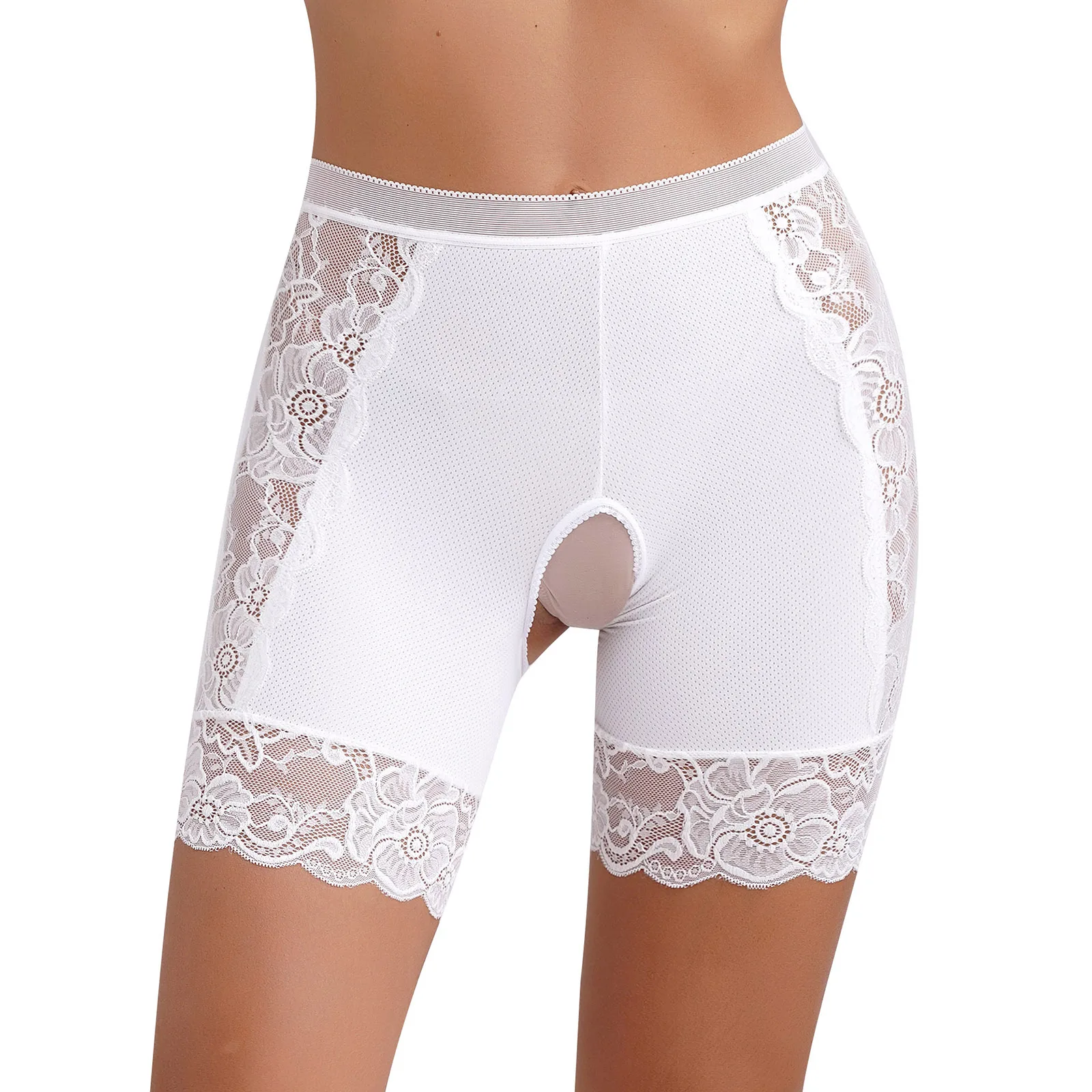 Womens Lace Open Crotch Underwear Knickers Solid Color Safety Shorts High Waist Skinny Boxers Briefs for Clubwear Dating Night