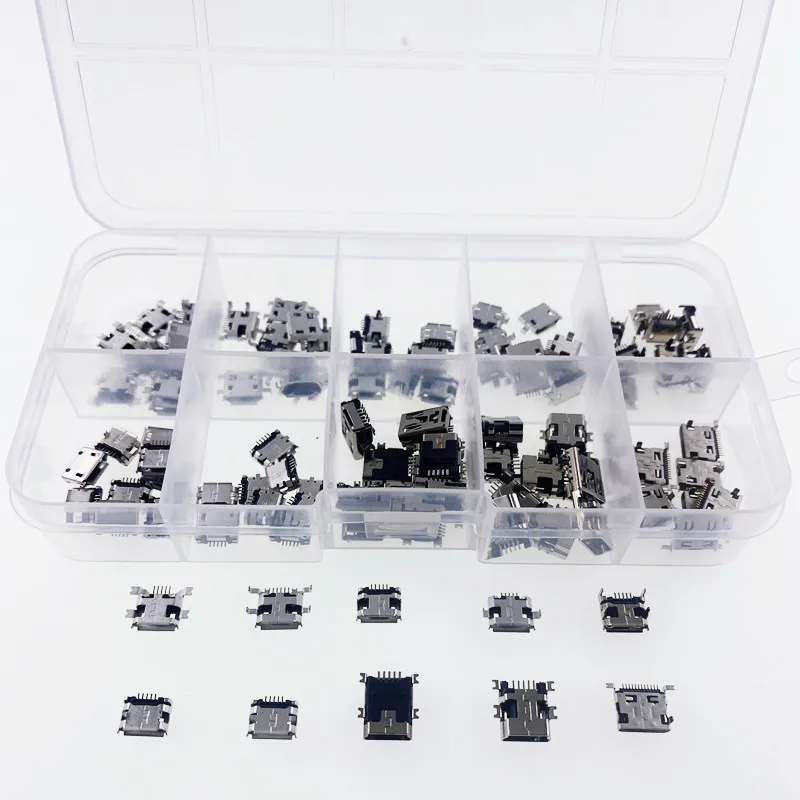 Micro USB Female Connector Box Set 100Pcs 10 Types x 10Pcs 5Pin SMT DIP USB Jack Socket for DIY Repair