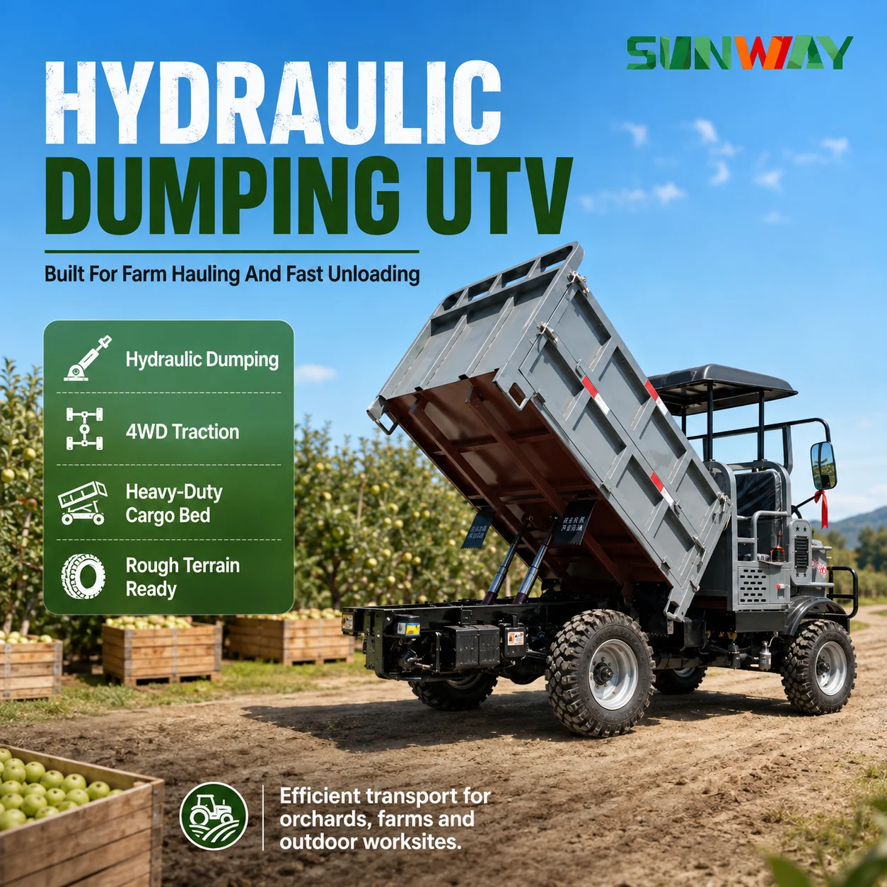 Hot Sale Low Speed Diesel Farm UTV Side By Side With Hydraulic Dump Box For Coffee Tea Plantation Steep Slope for Sale