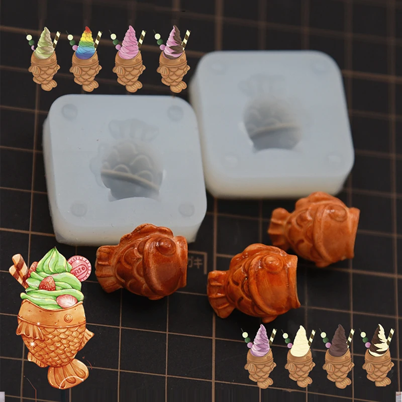 2pcs Set Ultra Light Clay Mininature Cute 3D Fish Ice cream Polymer Clay Silicone DIY MoldS