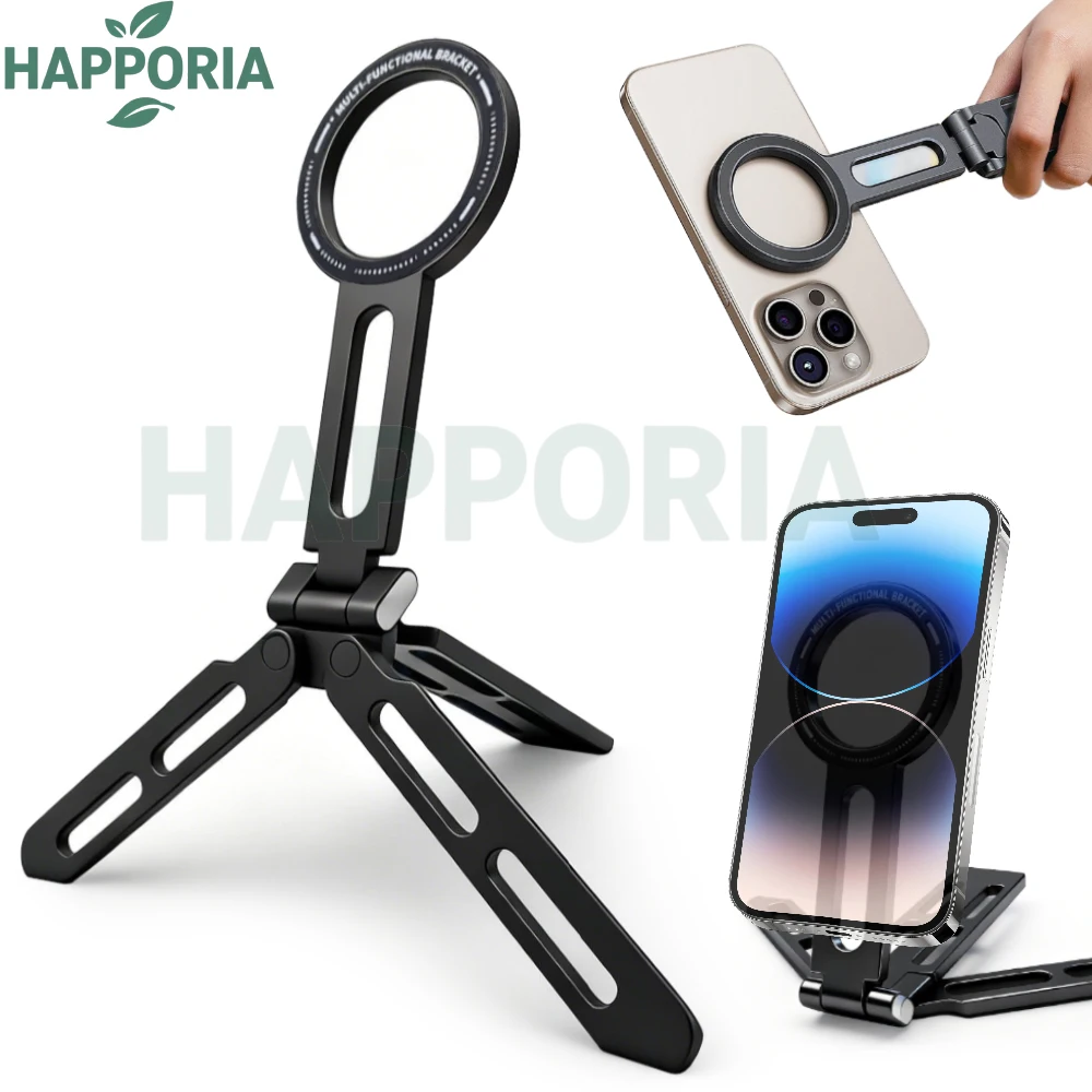 HAPPORIA Magnetic Phone Tripod Selfie Stick Foldable Overhead Stand with 3 Rings for iPhone 15 16 17 Samsung Vlog Android Phones