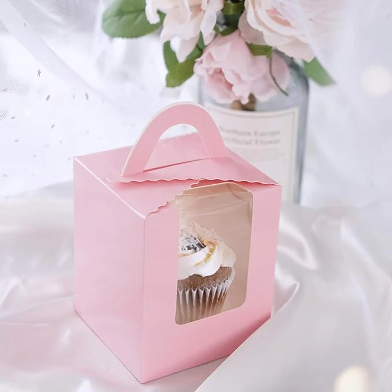10 Single Piece White Paper Cupcake Container with Inner Tray, Gift Box with Transparent Window for Holiday Wedding Candy Box