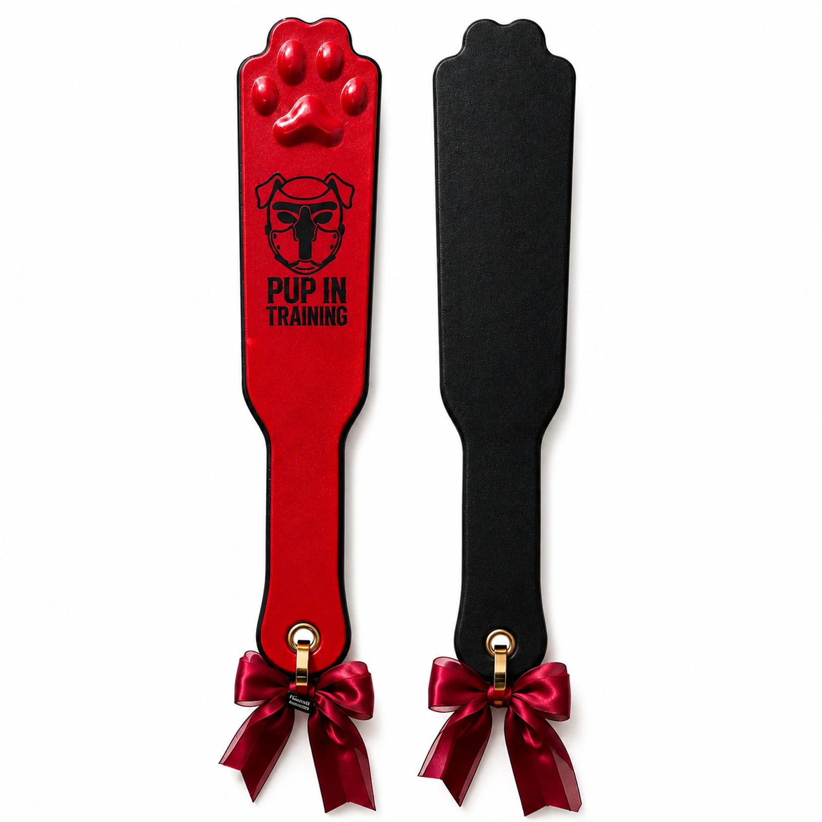 PUP IN TRAINING Red Black Leather Paddle with Raised Paw Design Ribbon Accent Double Sided Puppy Play Spanking Toy for Adults