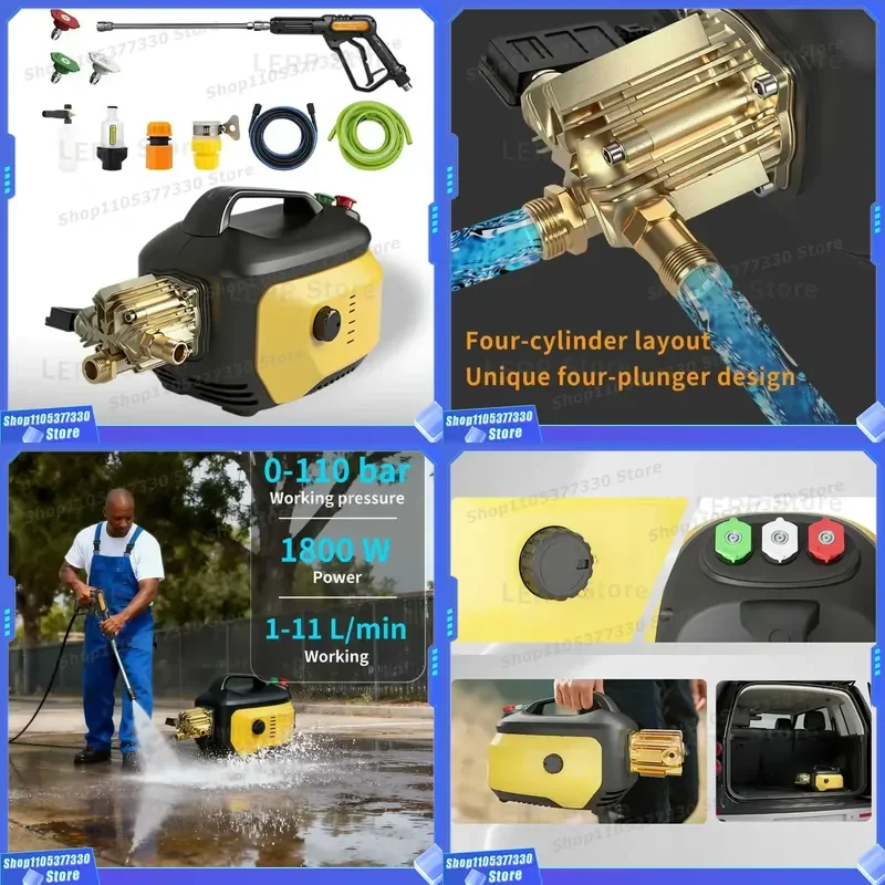 145 Bar High Pressure Washer 110V 60Hz Portable Car Cleaning Machine 8L Min Flow Household Water Jet Gun for Auto Washing