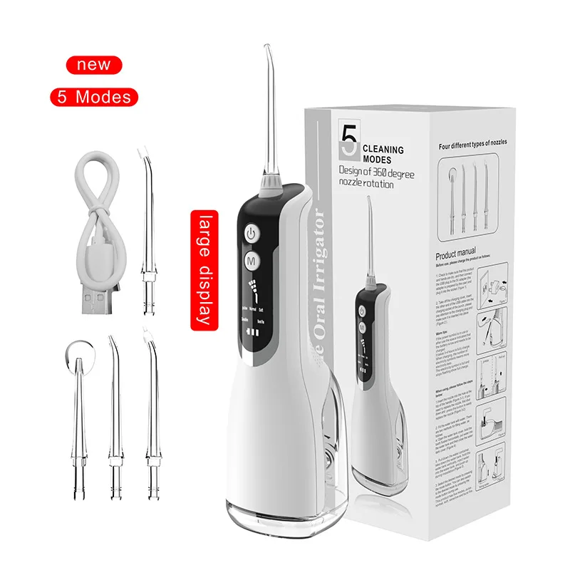 Powerful 330ML Water Dental Flosser Portable Oral Irrigator with 5 Pressure Modes 4 Replaceable Jet Tips for Home Travel Use
