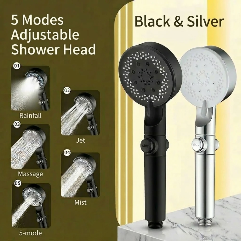 High Pressure Shower Head with One-click Stop Portable Water Saving 5 Jet Modes Adjustable Shower Head Bathroom Accessories