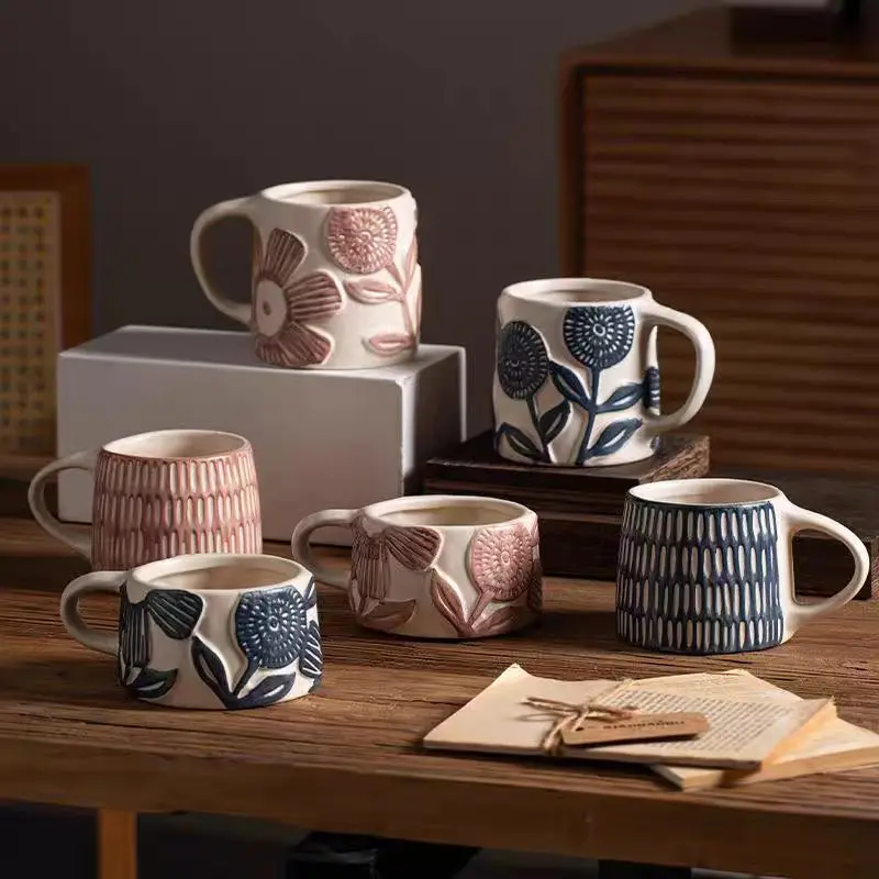 Vintage Classical Floral Ceramic Coffee Cup Irregular Pattern Office Tea Cup Classical Drink Milk Mug Home Large Capacity Mug