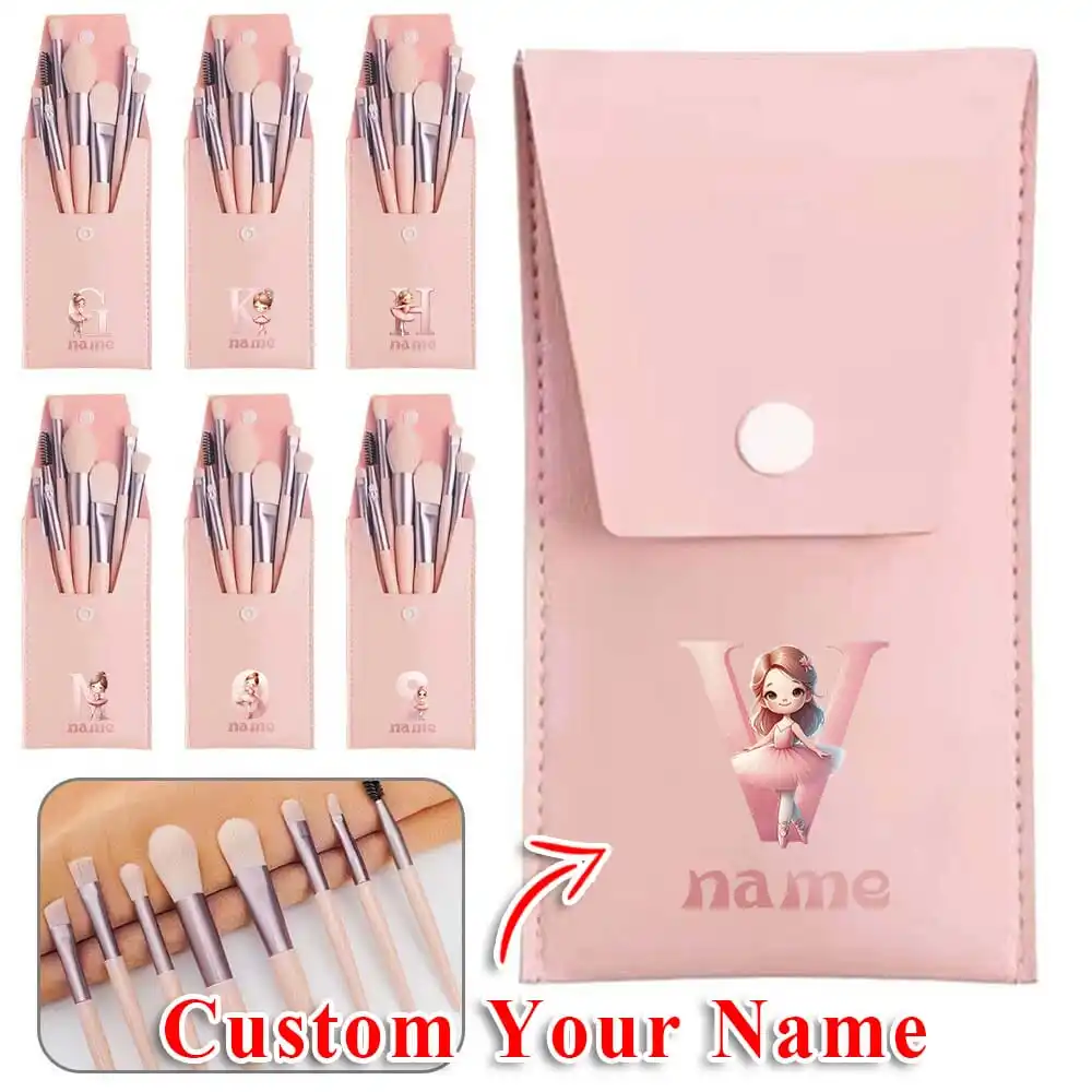 8 in 1 Customized Name Women Makeup Brush Kit with Bag Cosmetic Brush Storage Pouch Container Powder Brush 26 Letters Pattern
