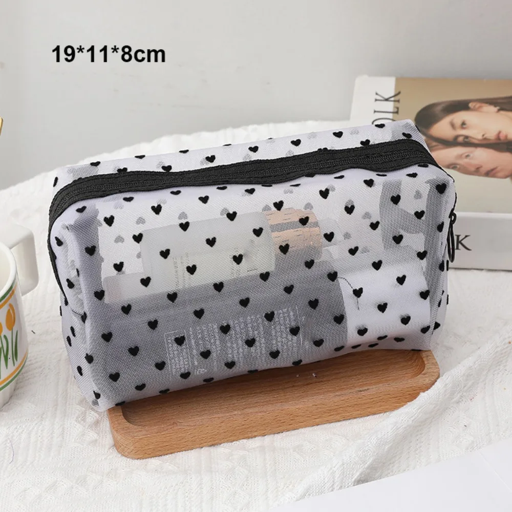 Heart Transparent Mesh Makeup Bag Multifunction Black/White/Beige Women Cosmetic Storage Pouch Portable Lipstick Organizer Bags