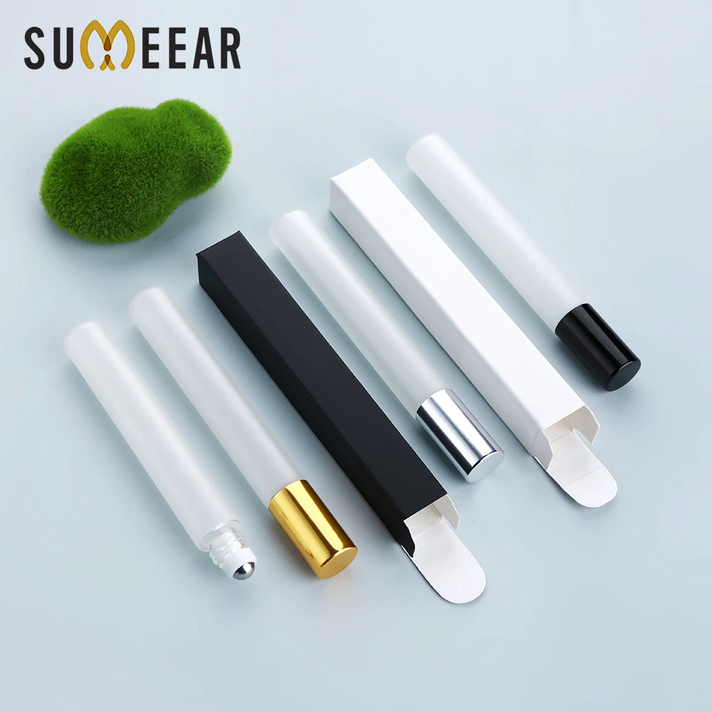 50/100Pcs 10ml Exquisite Portable Frosted Glass Roll - on Bottles W/Box, Reusable, Top for Perfume/Essential Oil Decanting