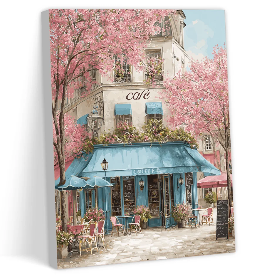 CHENISTORY Painting By Numbers Art Adult Coloring Frame Landscape Cherry Blossom Tree House Paint Brushes Picture Paint Wall Art