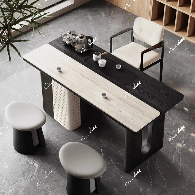 Medieval travertine rock slab tea table and chair combination balcony small apartment household light luxury, integrated kettle