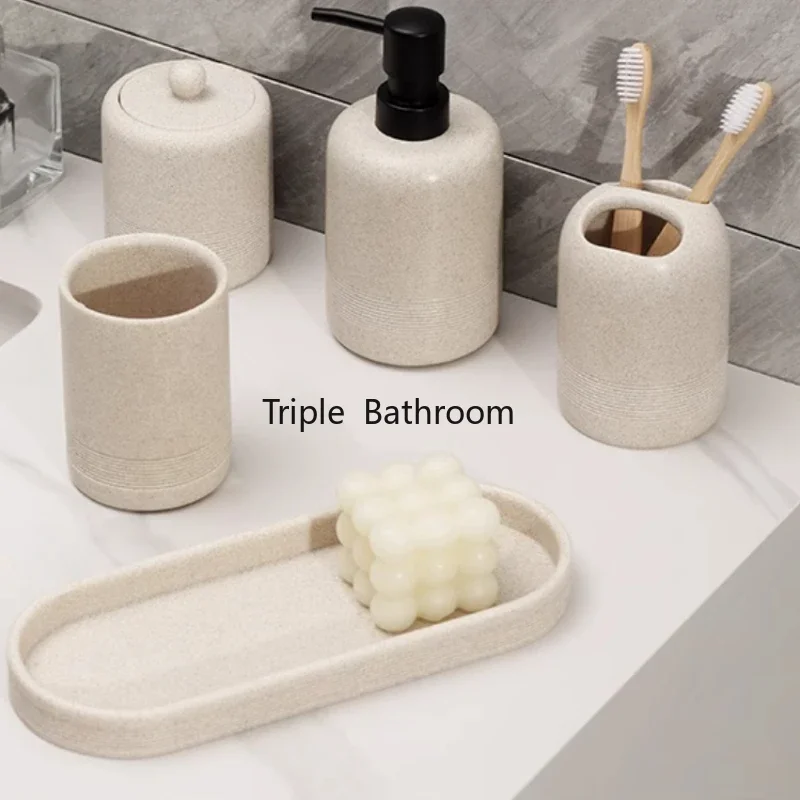 1pc Sandstone Bathroom Toiletries Cotton Swab Jar with Lid Wash Cup Toothbrush and Toothpaste Storage Rack Bathroom Accessories