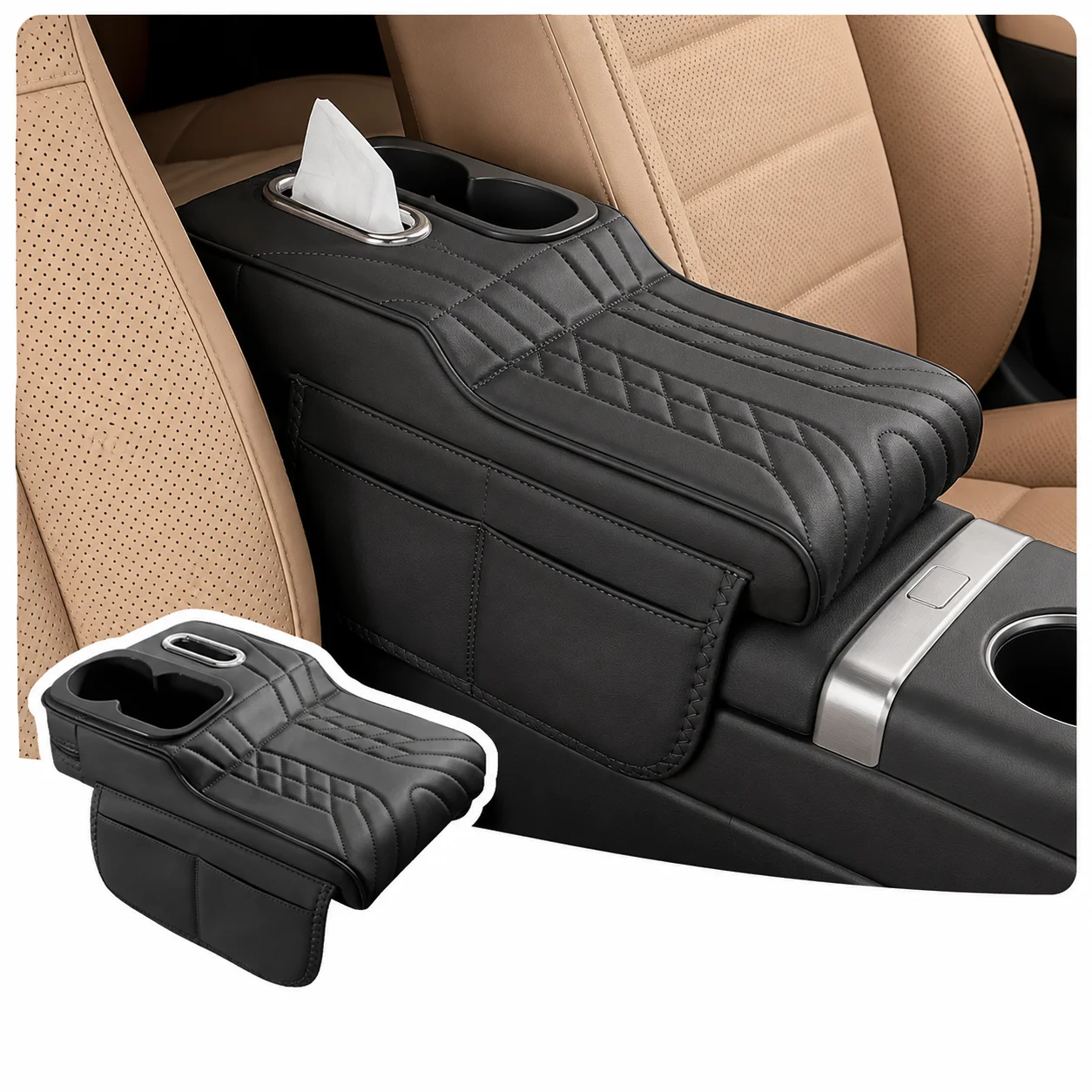 Universal Car Center Console Armrest Cushion Pad with Cup Holder Tissue Dispenser and Side Storage Pocket Organizer