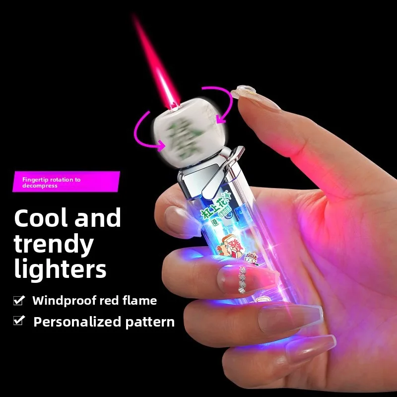 Windproof Red Flame Inflatable Lighter, Refillable Gas Lighter with Rotating Top for Pressure Relief, Top Rotates 360°, Cool